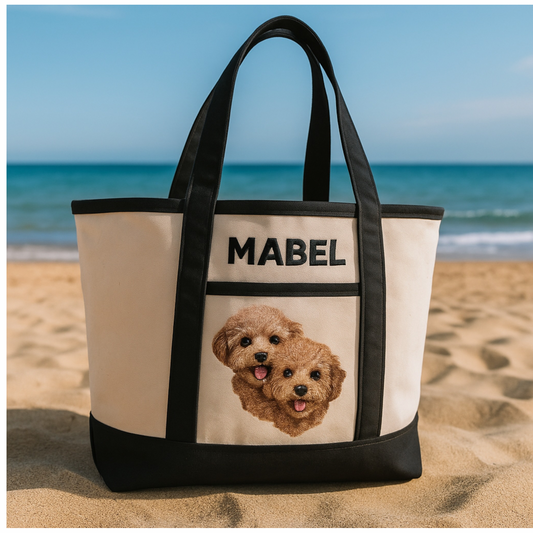 Sac de plage brodé avec le portrait de votre animal – Grand fourre-tout personnalisé pour amoureux des animaux
