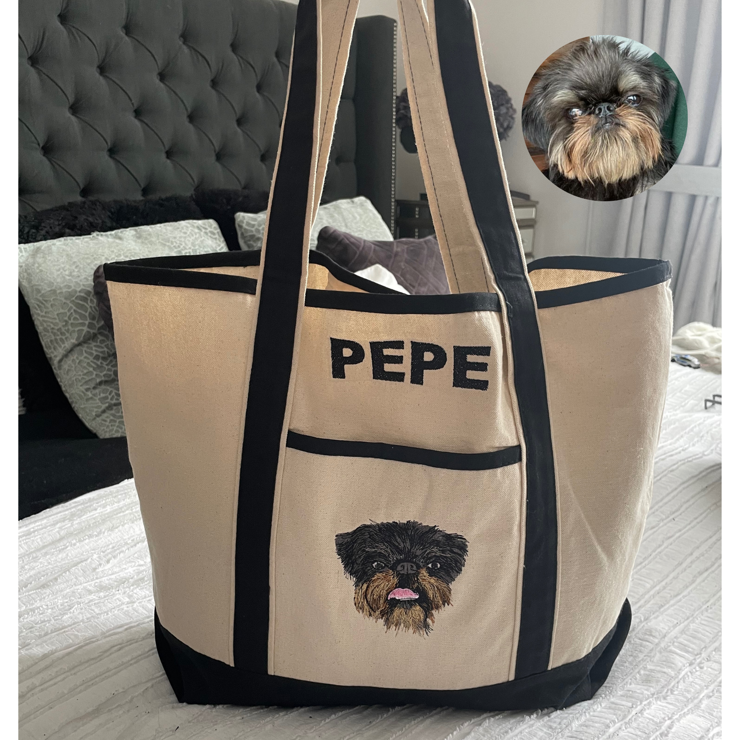 Custom Embroidered Pet Portrait Beach Bag – Large Tote for Pet Lovers