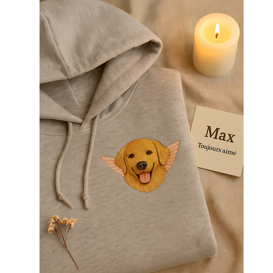 Pet Memorial Embroidered Hoodie – Custom Pet Portrait with Angel Wings