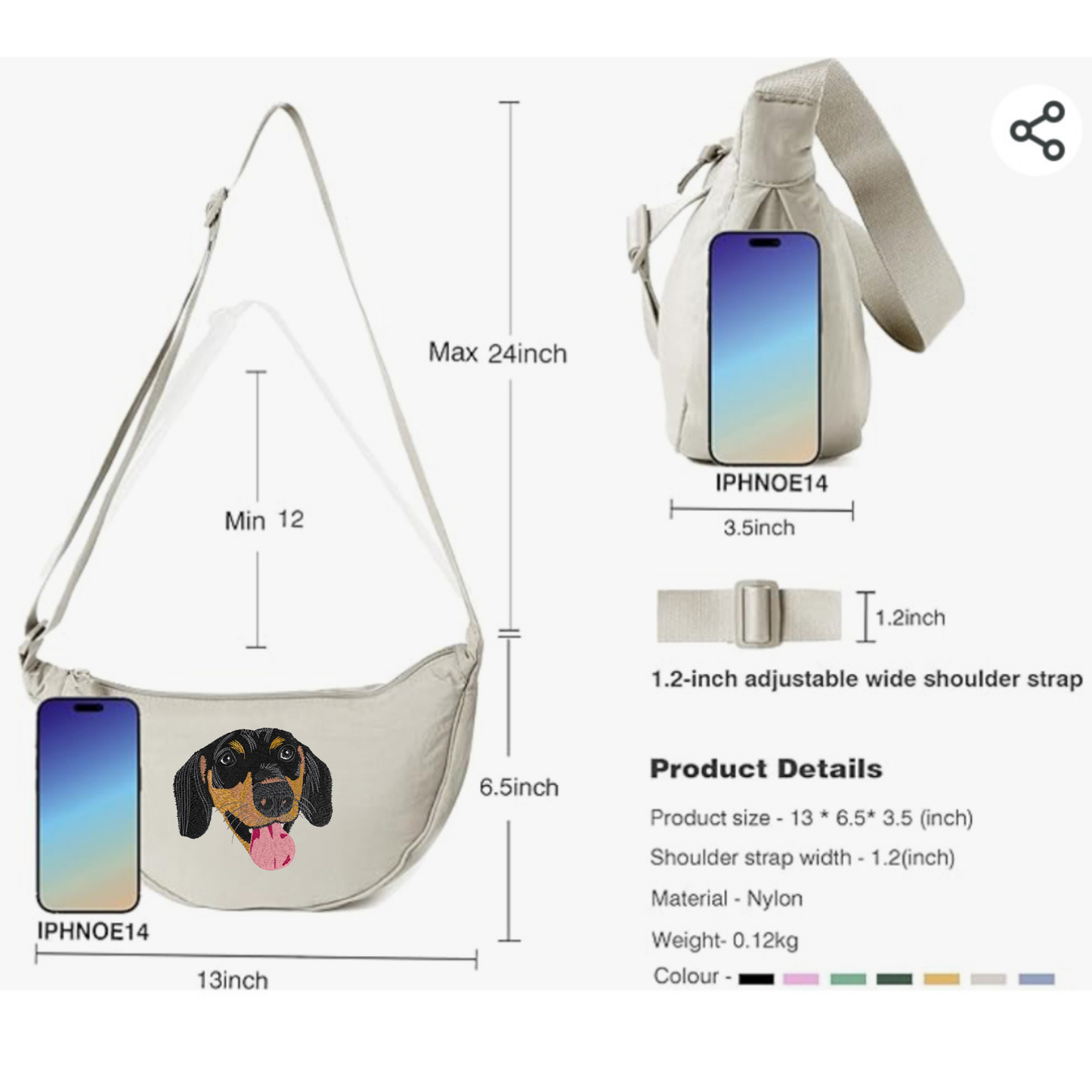 Sac Banane Croisé en Nylon Brodé – Portrait Personnalisé de Votre Animal