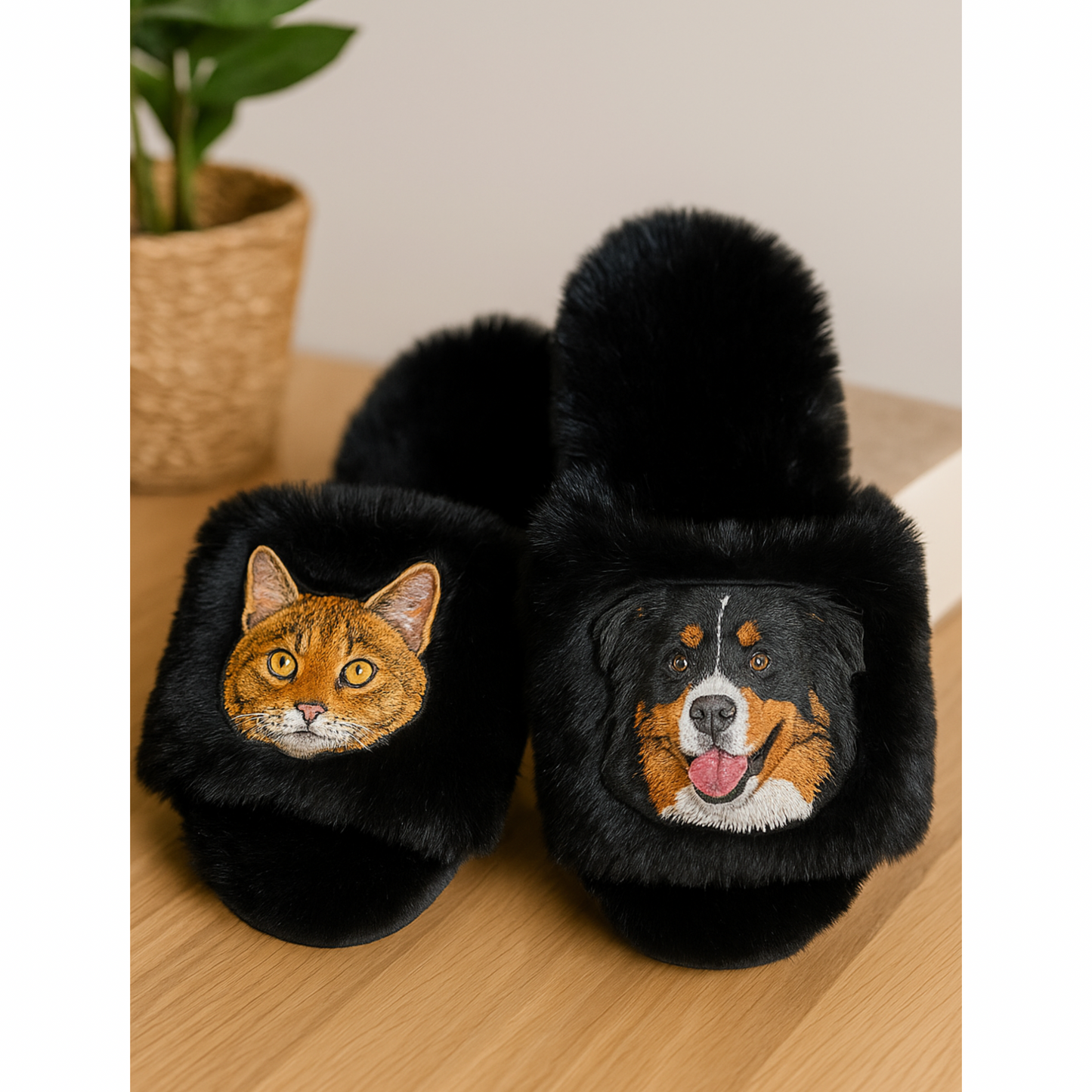 Custom Pet Portrait Slippers – Embroidered Patch Design