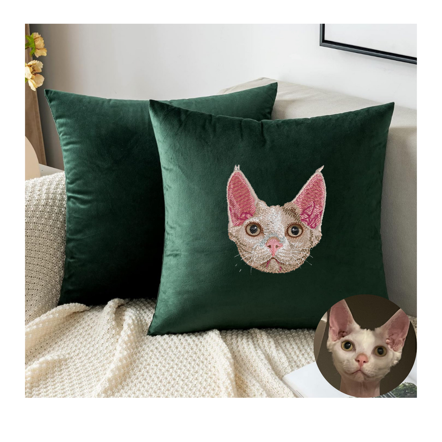 Custom Embroidered Pet Portrait – Velvet Pillow Cover