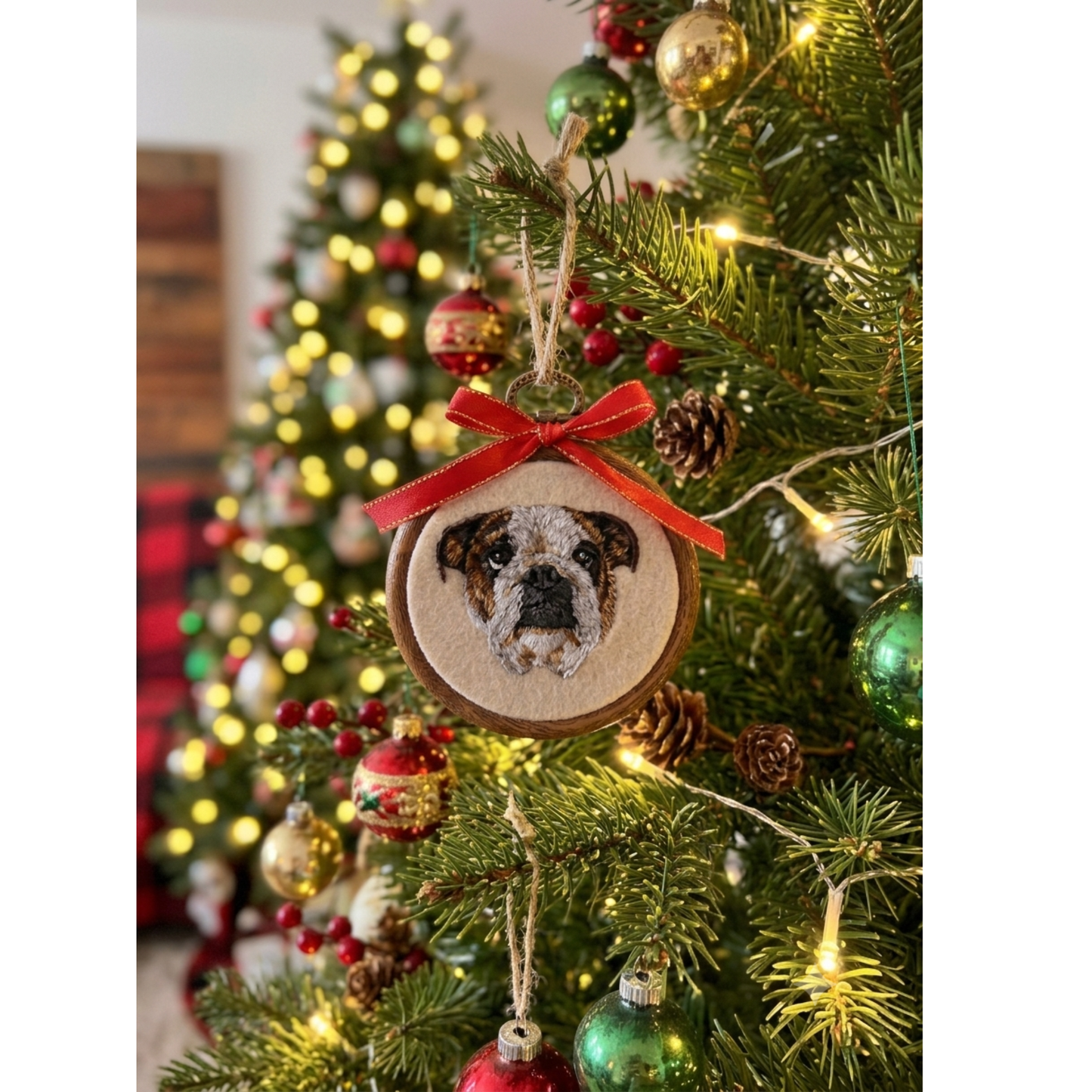 Ornement de Noël personnalisé avec portrait brodé de votre animal