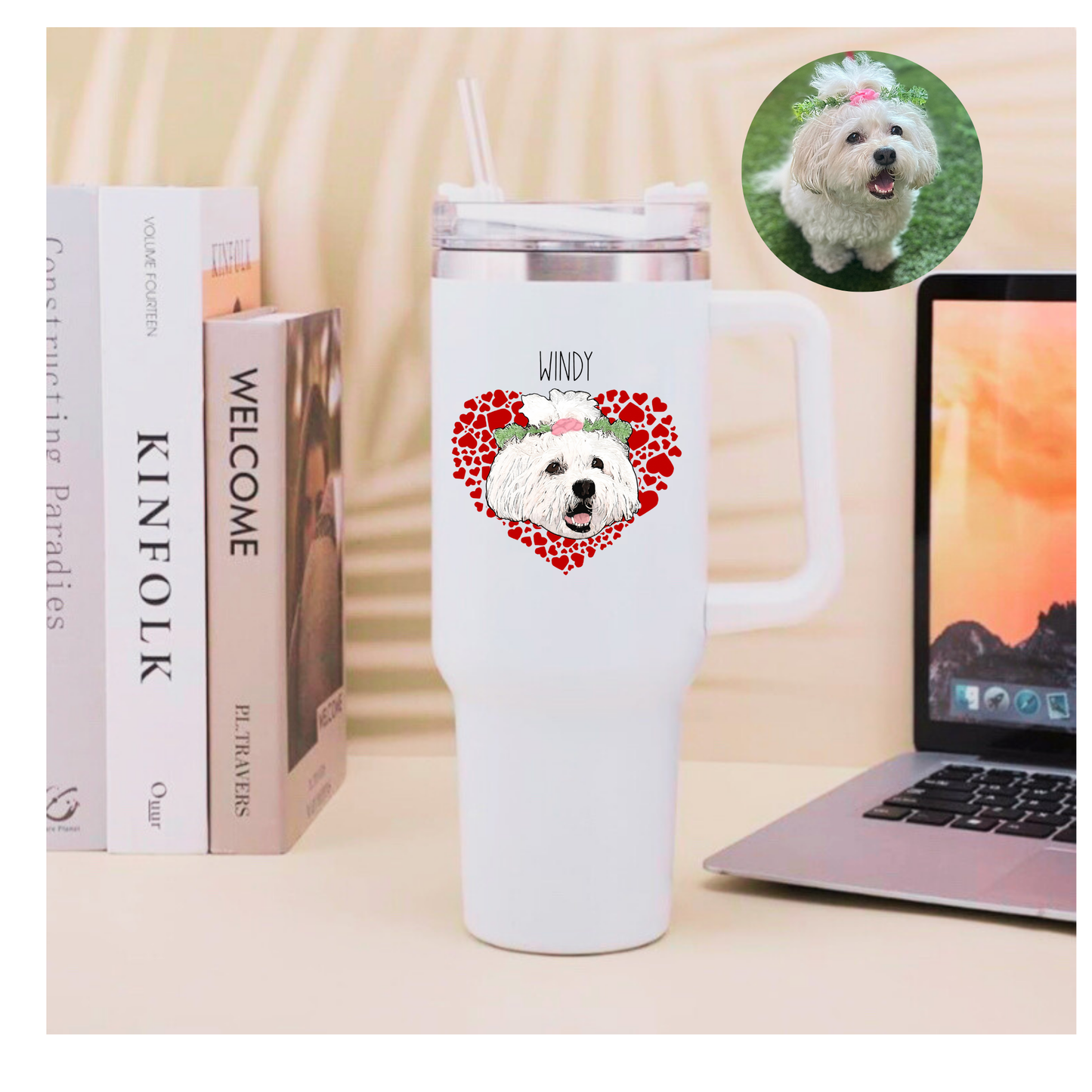 Custom 40oz Stanley-Style Tumbler with Your Pet’s Face – Personalized Drinkware for Pet Lovers