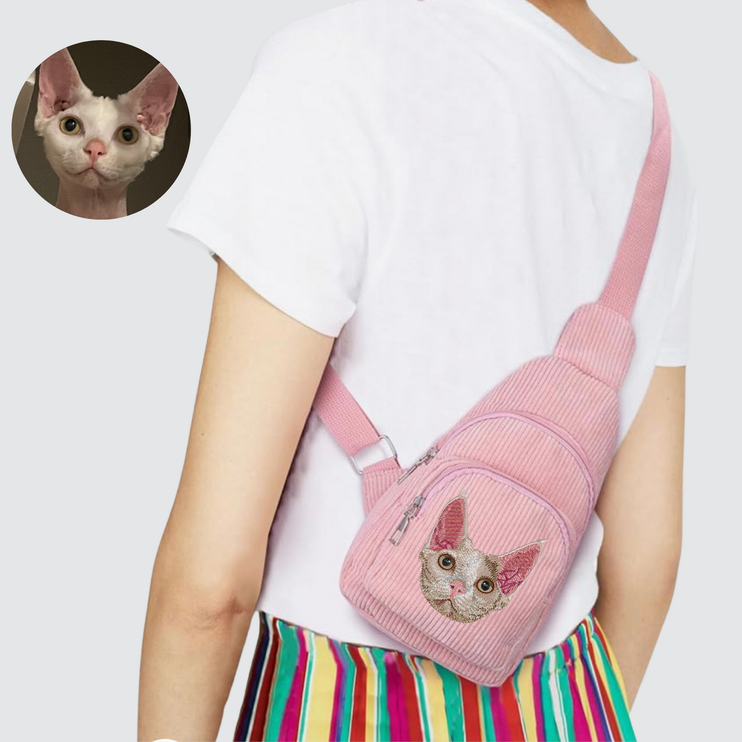 Embroidered Pet Portrait Corduroy Cross Bag