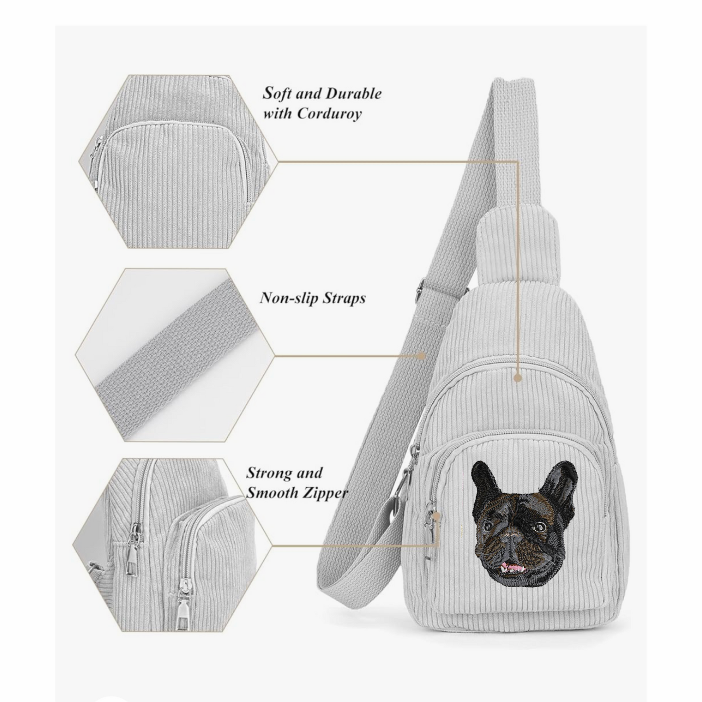 Embroidered Pet Portrait Corduroy Crossbody Bag – Personalized Gift for Pet Lovers