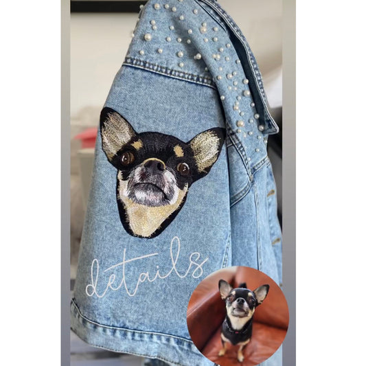 Veste en Jean Brodée avec Perles – Portrait Personnalisé de Votre Animal (9x9 po)