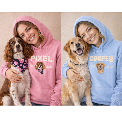 Custom Embroidered Pet Hoodie – Name + EST Year + Pet Portrait