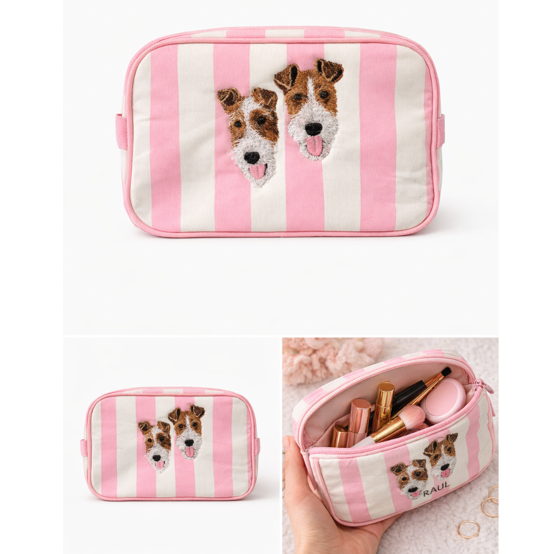 Personalized Pet Portrait Embroidered Makeup Bag – Striped Cosmetic Pouch