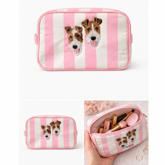 Personalized Pet Portrait Embroidered Makeup Bag – Striped Cosmetic Pouch