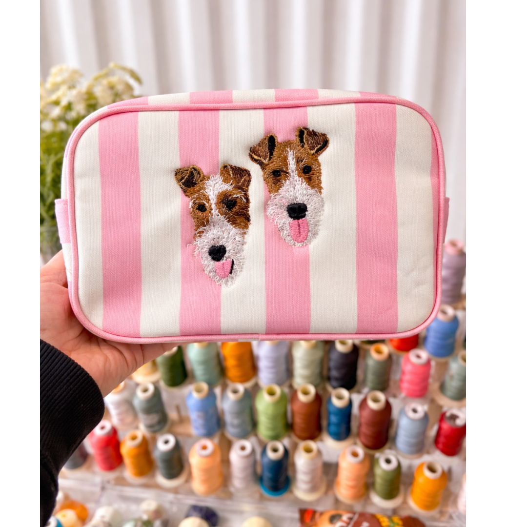 Personalized Pet Portrait Embroidered Makeup Bag – Striped Cosmetic Pouch