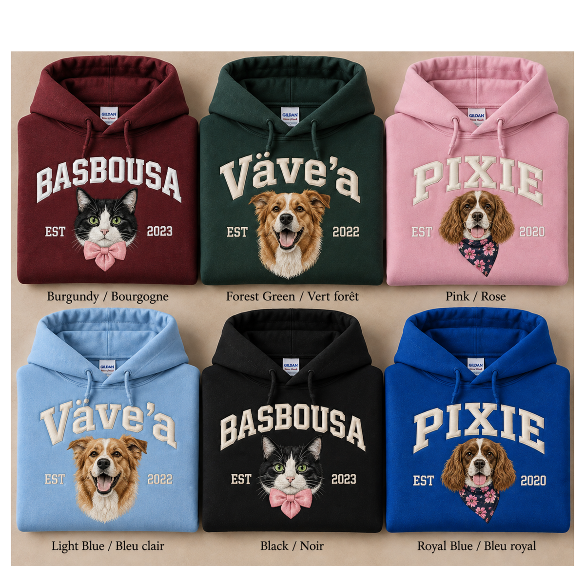 Custom Embroidered Pet Hoodie – Name, Year & Portrait
