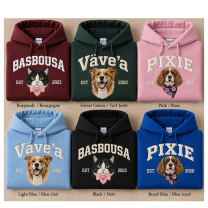 Custom Embroidered Pet Hoodie – Name, Year & Portrait