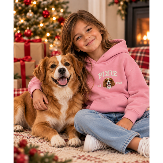 Kids Custom Embroidered Pet Hoodie – Name, Year & Portrait